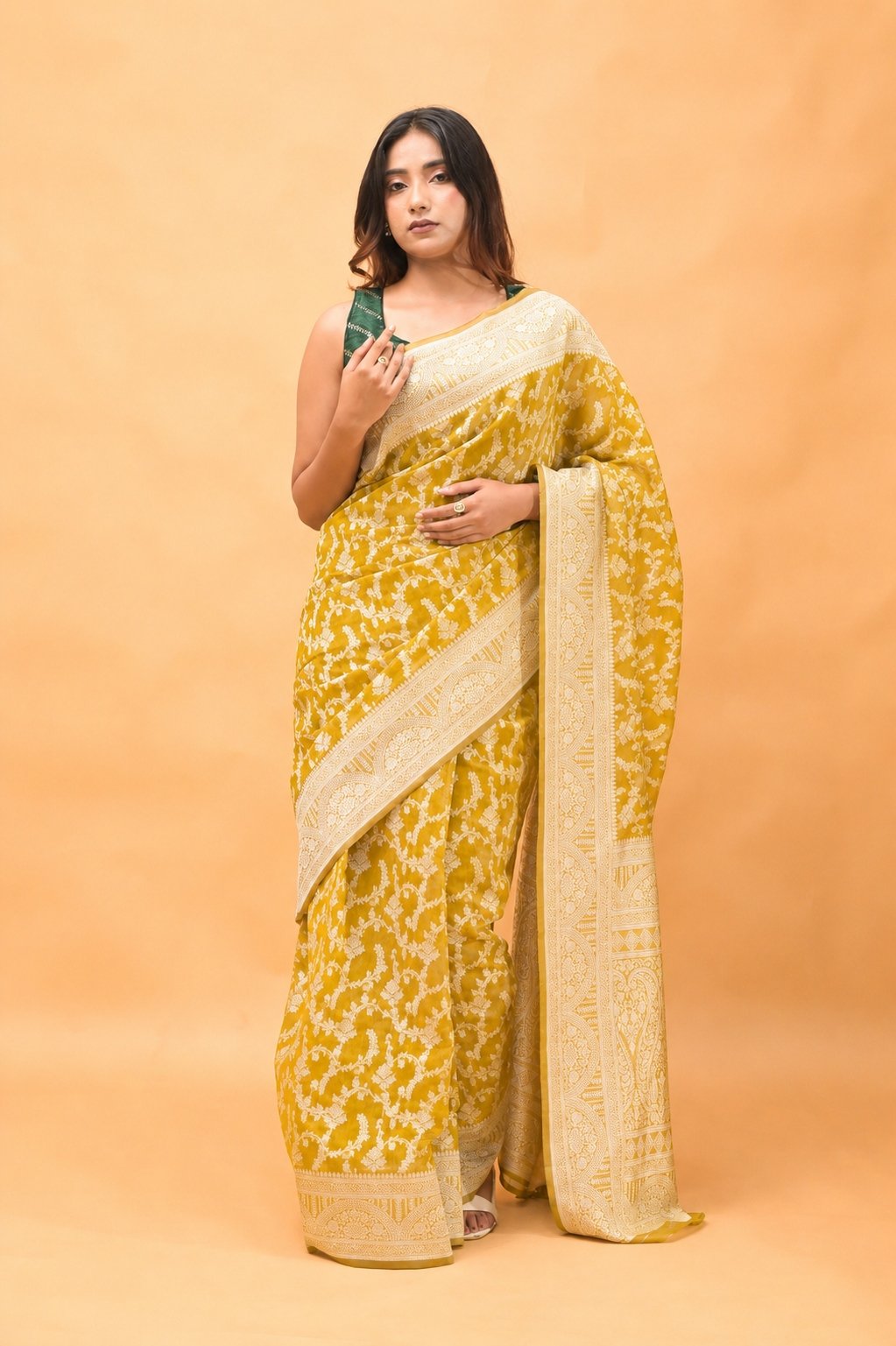 Leaf Jaal Ochre  Pure Cotton Saree With Strip Blouse